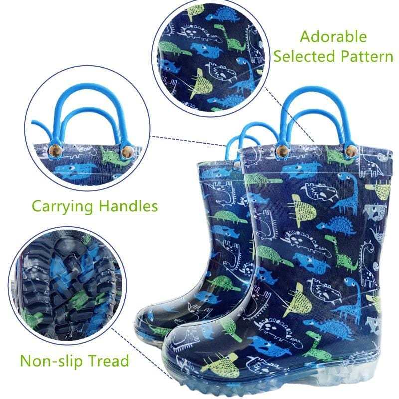 Dinosaur Rain Boots with Easy Handles Dinosaur Pattern Waterproof Rubber Toddlers Kids