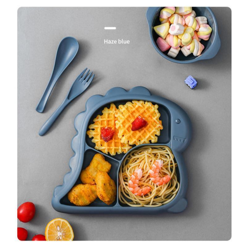 Kids Cartoon Dinosaur Divided Plate Set with Bowl Spoon Fork Microwave Safe BPA Free Haze Blue