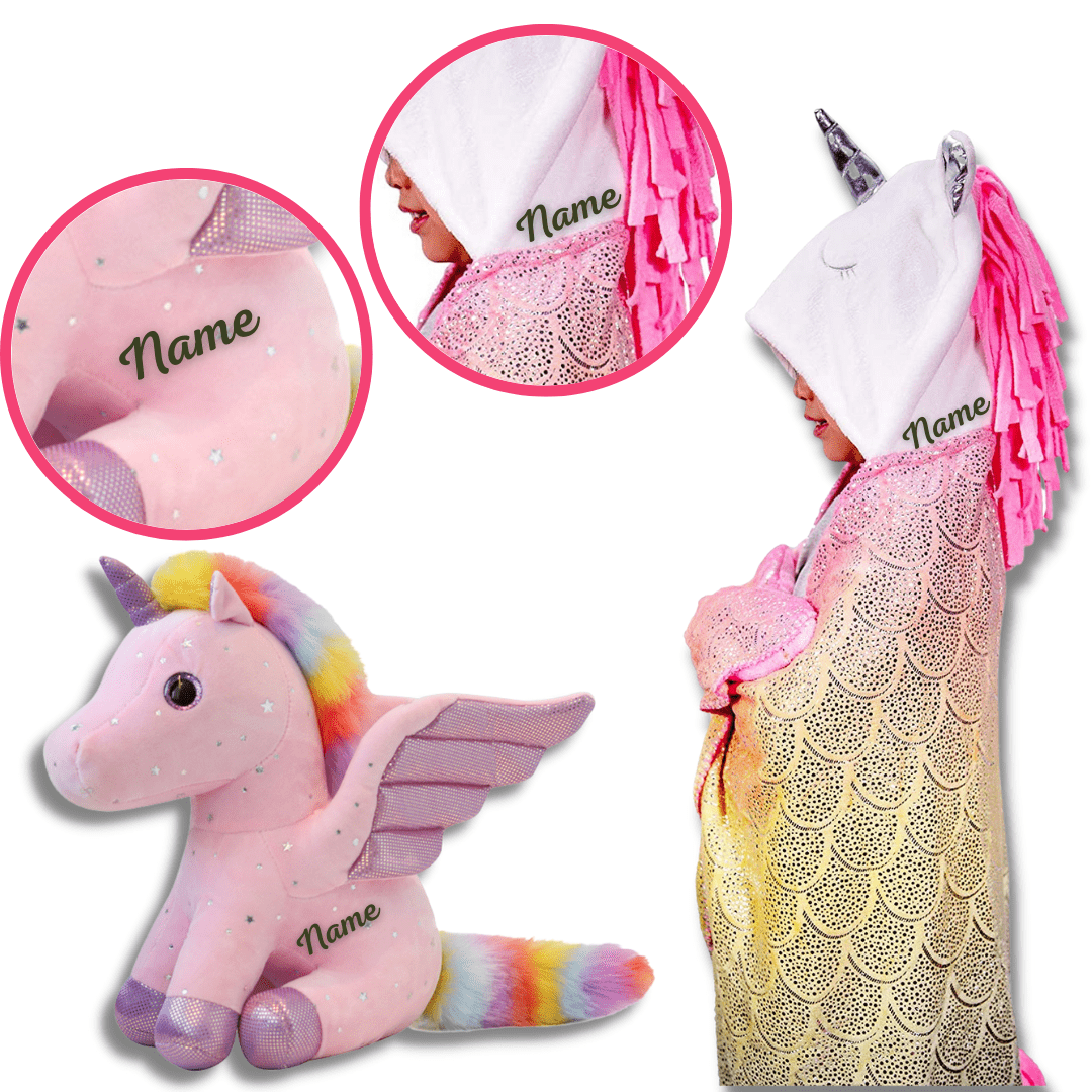Name Personalized Dinosaur Ultra Plush Hoodie Blanket Cosplay Cloak for Kids 37 Inch Unicorn Blanket+Plush