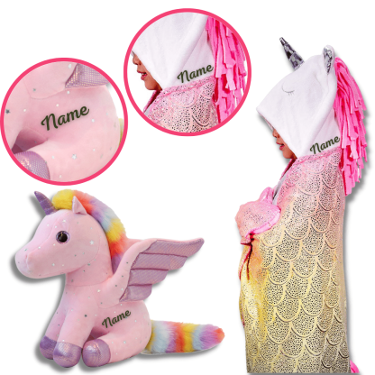 Name Personalized Dinosaur Ultra Plush Hoodie Blanket Cosplay Cloak for Kids 37 Inch Unicorn Blanket+Plush
