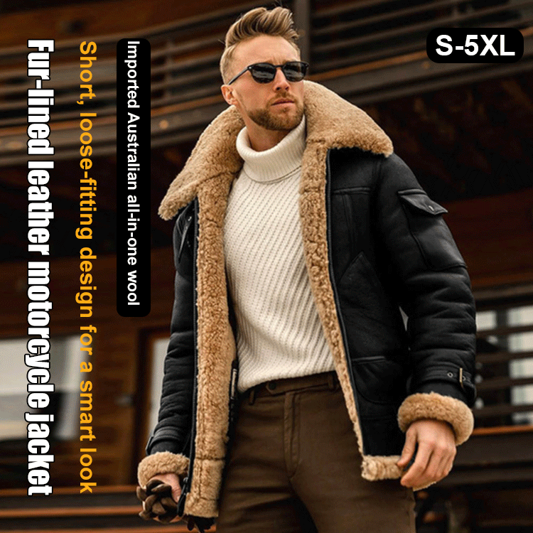 Thickened mid-length fur-lined leather motorcycle jacket