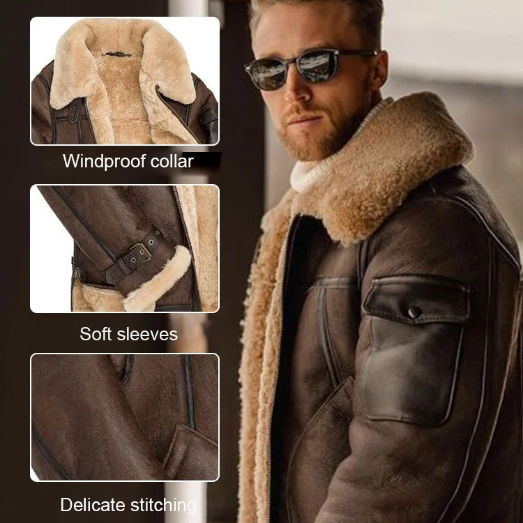 Thickened mid-length fur-lined leather motorcycle jacket
