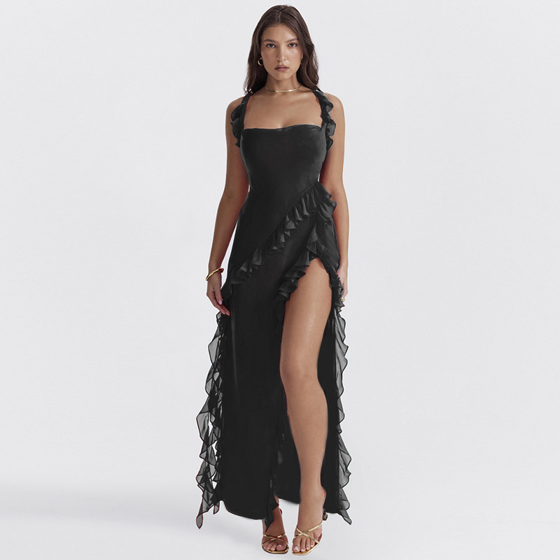 Fashion Sexy Wood Earring Splicing High Split Dresses