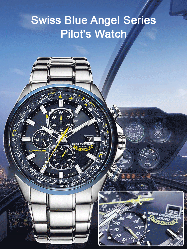 Blue Angel three-eye six-hand light-kinetic energy quartz movement flight watch