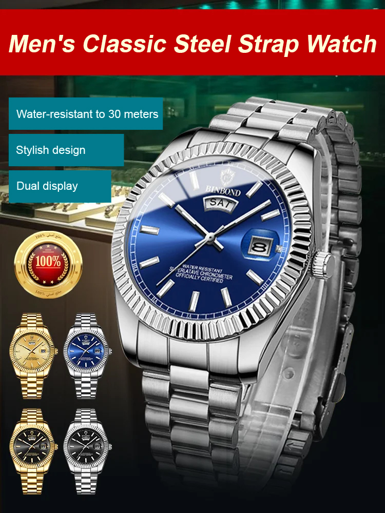 Men's Classic Date Week Water Resistant Steel Strap Watch