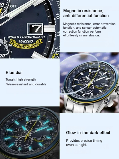 Blue Angel three-eye six-hand light-kinetic energy quartz movement flight watch