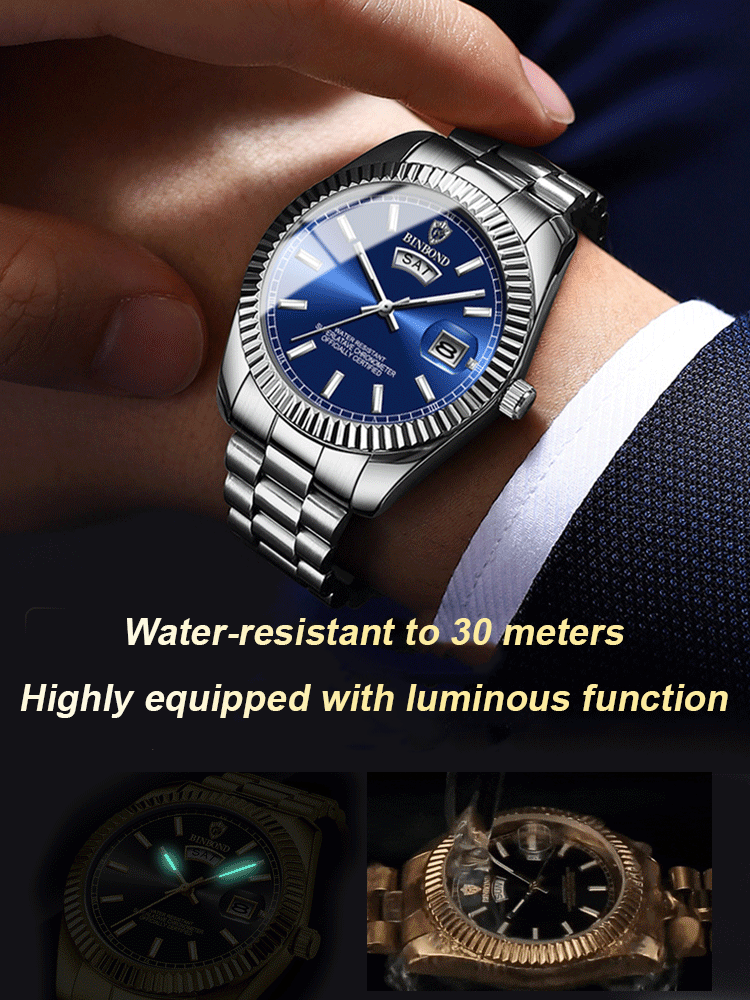 Men's Classic Date Week Water Resistant Steel Strap Watch