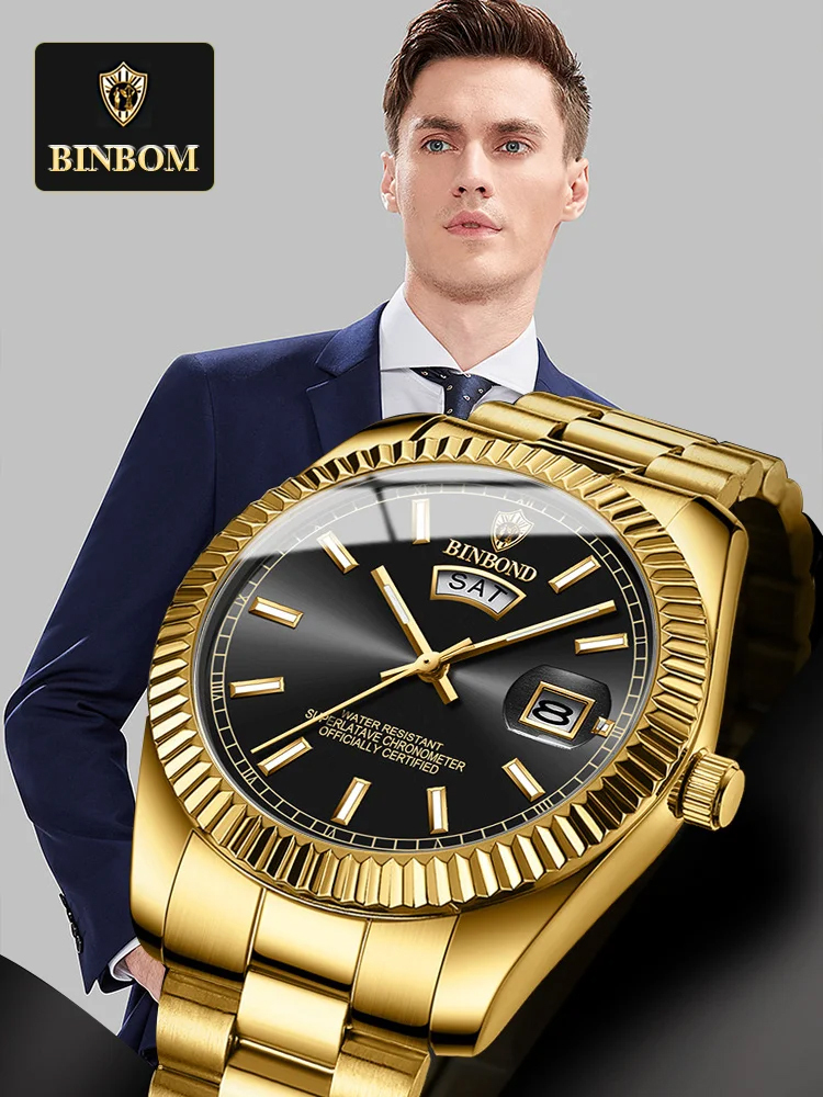 Men's Classic Date Week Water Resistant Steel Strap Watch