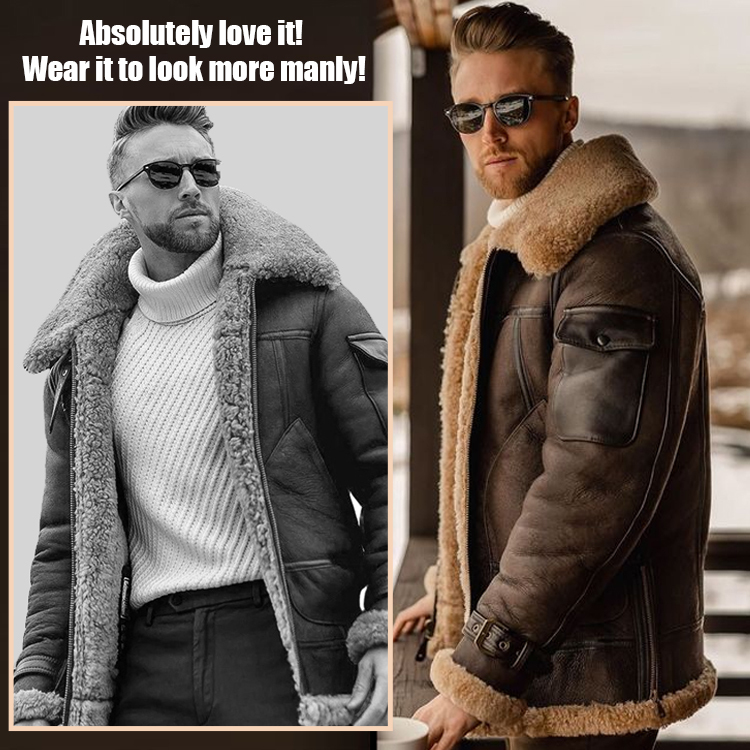 Thickened mid-length fur-lined leather motorcycle jacket