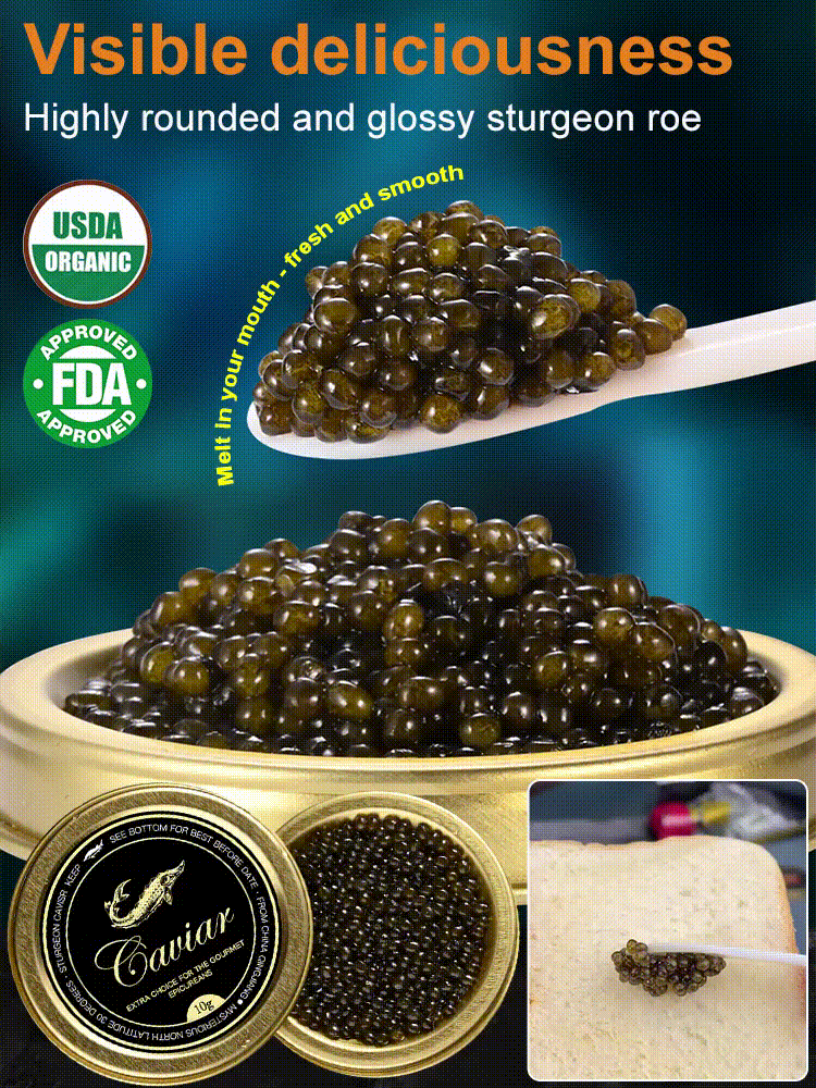Deep Sea Sturgeon Caviar, Hand Washed and Processed 🌊🐟  Gently crush it with your tongue, and the ocean's salty freshness and rich oils burst in your mouth, showcasing the unique deliciousness of caviar 😋✨