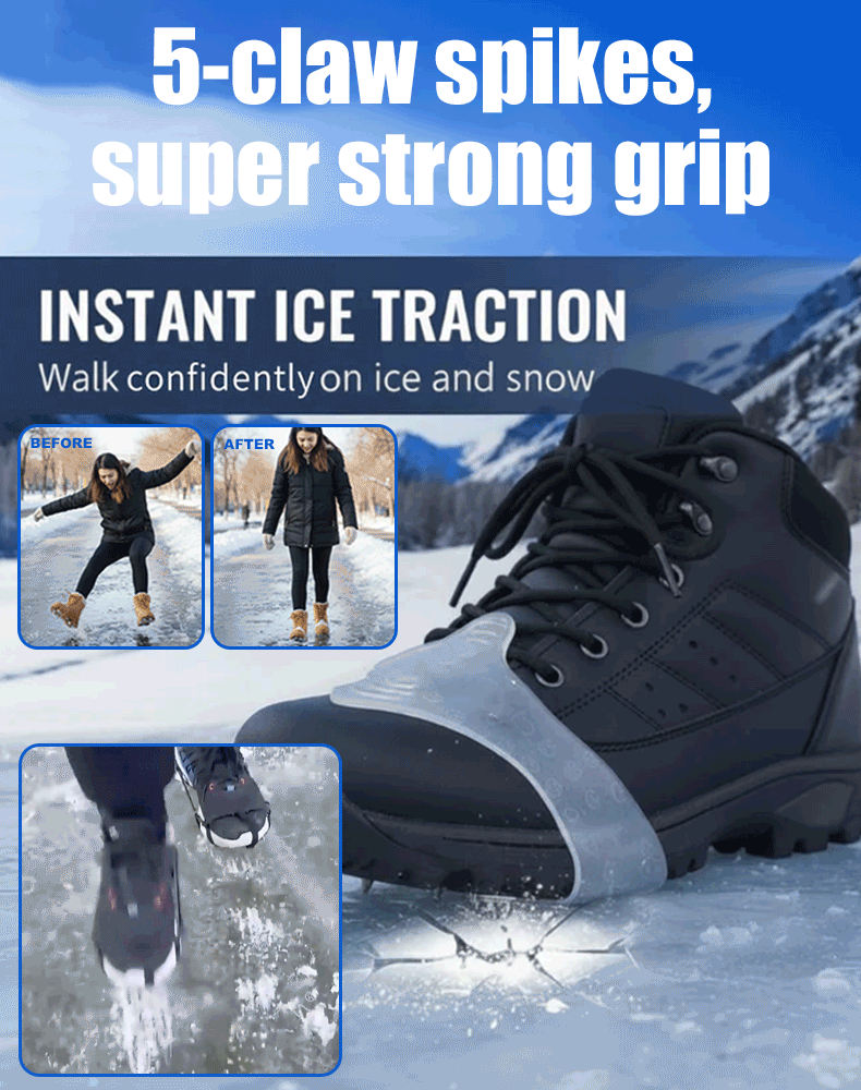 ❄️👢Tired of slipping and sliding on icy surfaces? 😫 These 5-Tooth Ice Cleats​ strap on in seconds—giving you instant grip on ice, snow, and slippery roads! 🚀🔒