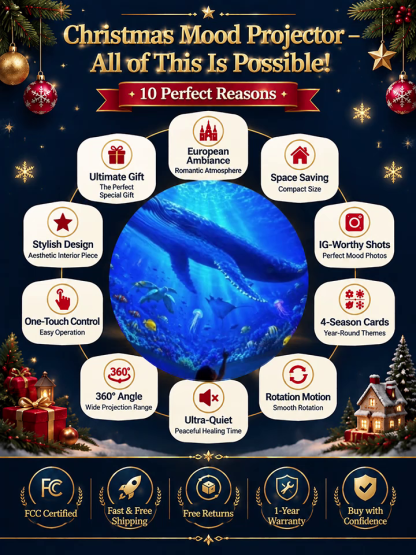 No drilling or complex installation required—instantly transform your home into a winter wonderland. 🎄✨  This Christmas projection light adds festive magic to your walls, ceilings, and floors. Simply connect it to a USB power source, adjust the angle, an
