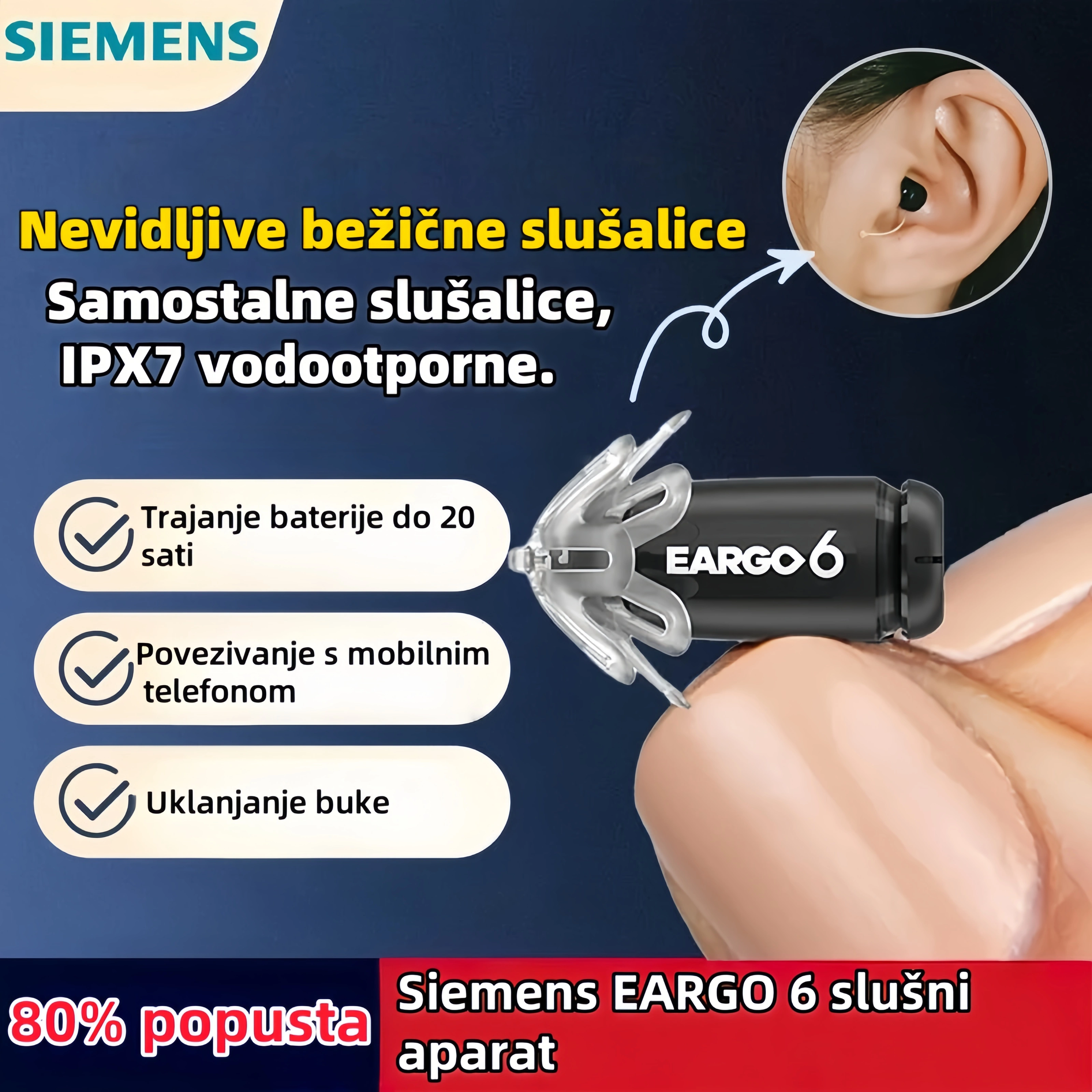 Siemens EARGO 7 OTC slušni aparat: nevidljiv, punjiv, fleksibilan CIC, odobren od strane FDA.