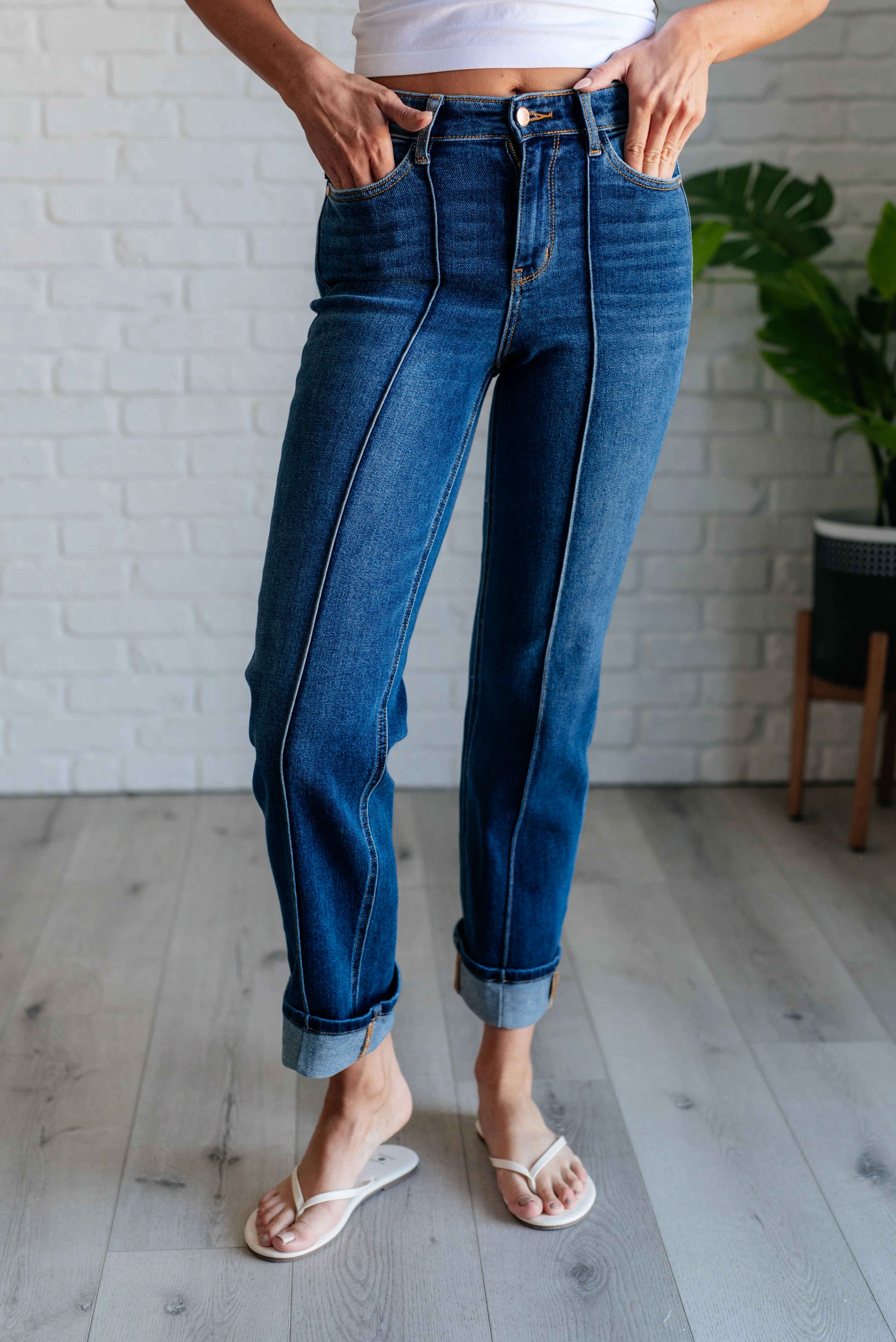 High Rise Front Seam Detail & Cuffed Straight Fit Jeans (Buy 2 Free Shipping)