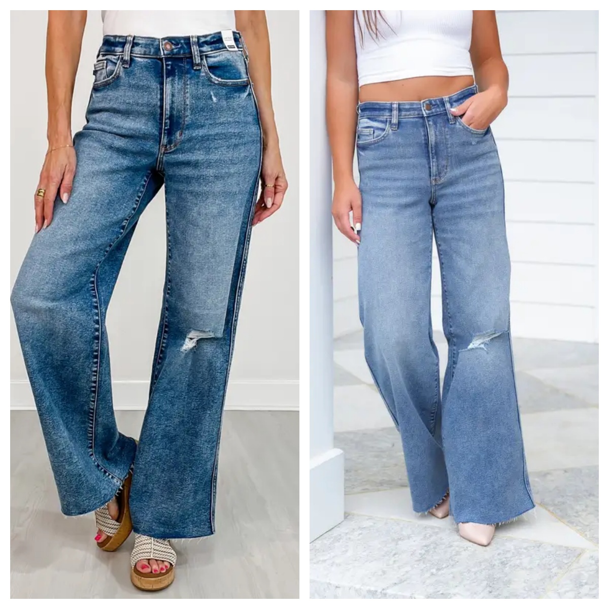 High Rise Medium Vintage Wash Distressed Wide Leg Jeans(Buy 2 Free Shipping)