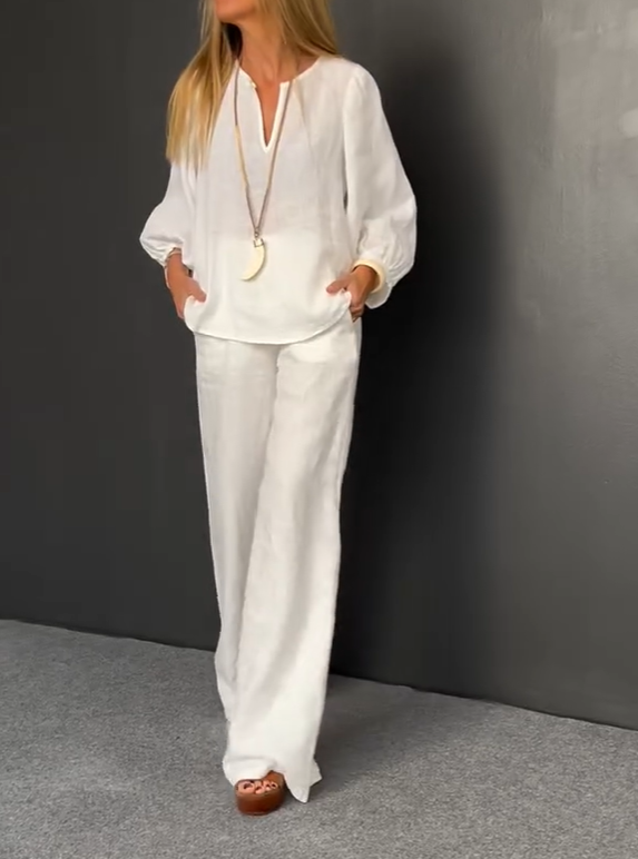 Last day 50%OFF🔥2025 New Arrivals Women's Linen Long Sleeve V-Neck Set (Top + Pants)(Buy 2 Free Shipping)