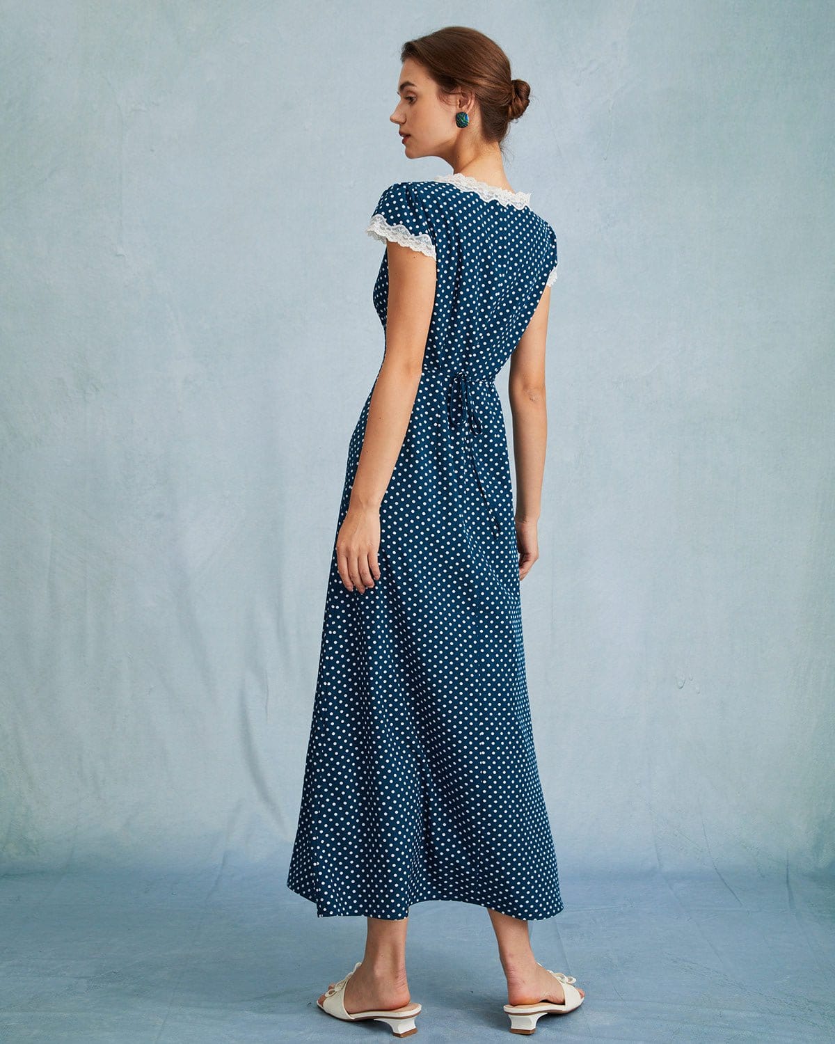 The Clarice V Neck Polka Dot Lace Ruched Maxi Dress
