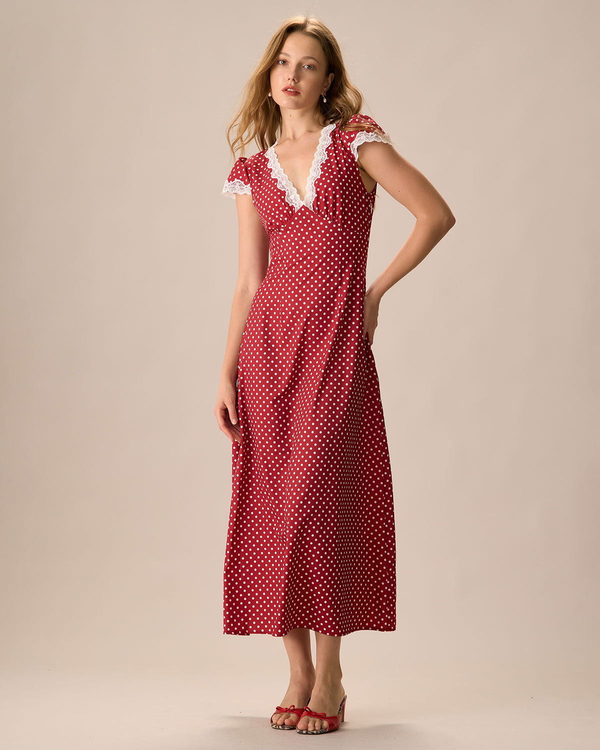 The Clarice V Neck Polka Dot Lace Ruched Maxi Dress