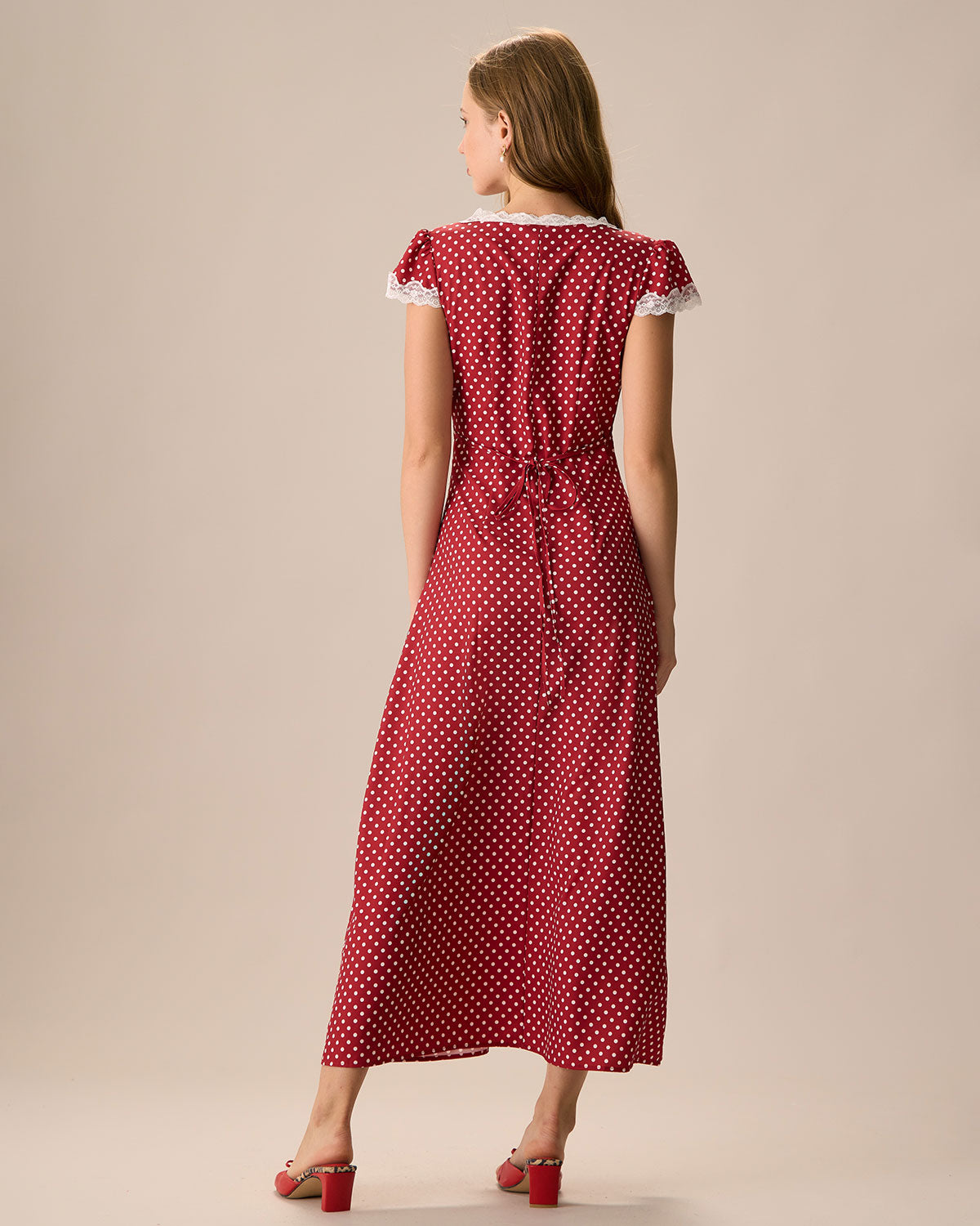 The Clarice V Neck Polka Dot Lace Ruched Maxi Dress