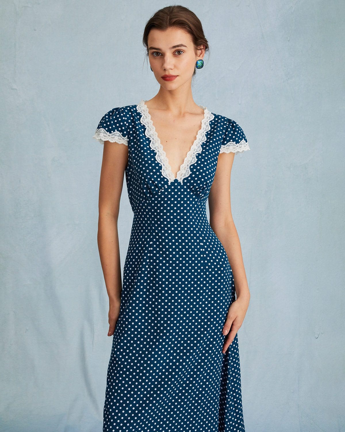 The Clarice V Neck Polka Dot Lace Ruched Maxi Dress