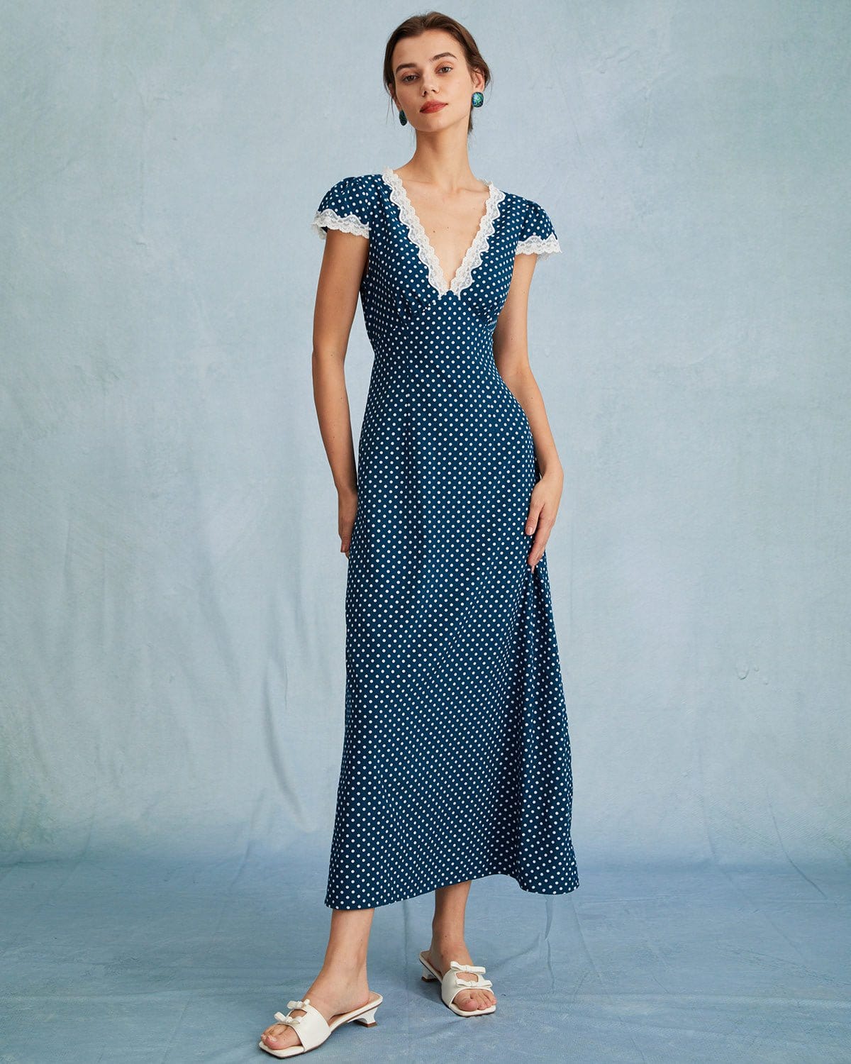 The Clarice V Neck Polka Dot Lace Ruched Maxi Dress