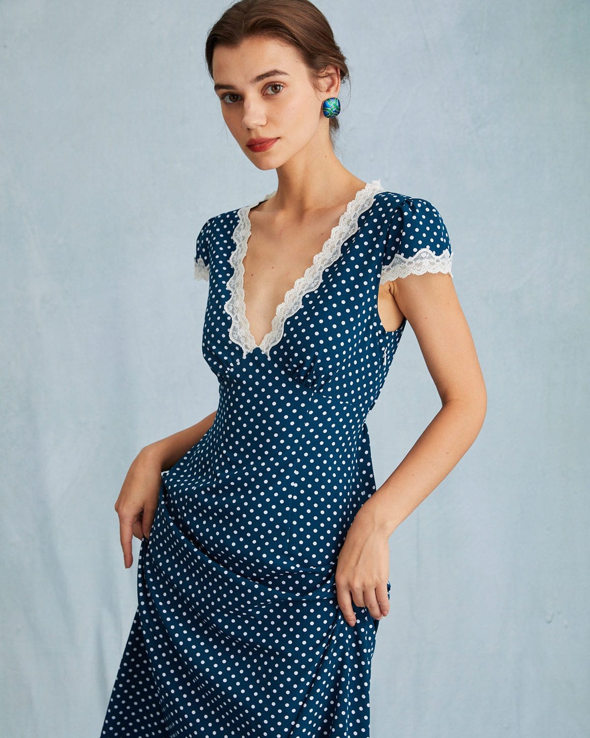 The Clarice V Neck Polka Dot Lace Ruched Maxi Dress