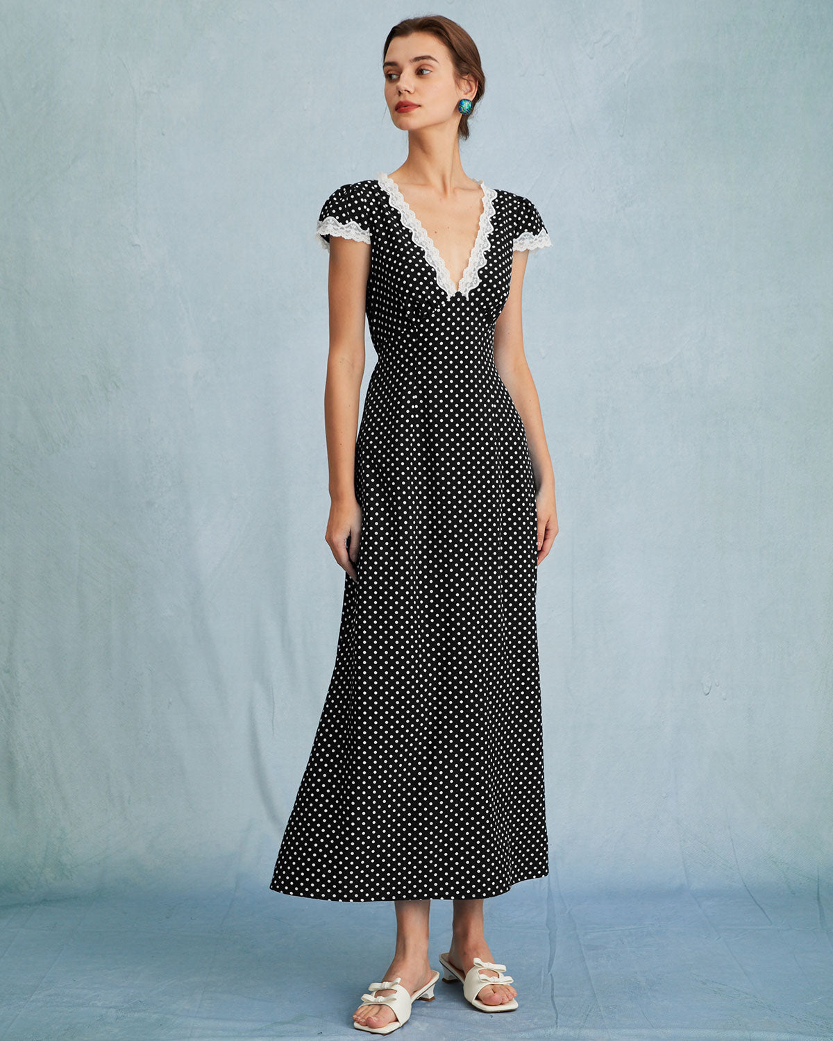 The Clarice V Neck Polka Dot Lace Ruched Maxi Dress