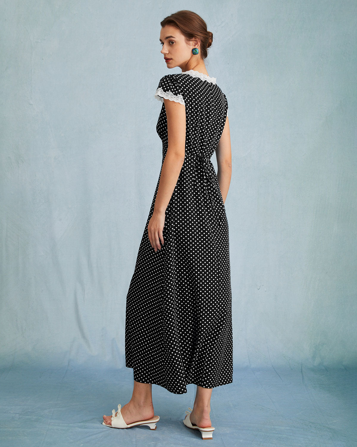 The Clarice V Neck Polka Dot Lace Ruched Maxi Dress