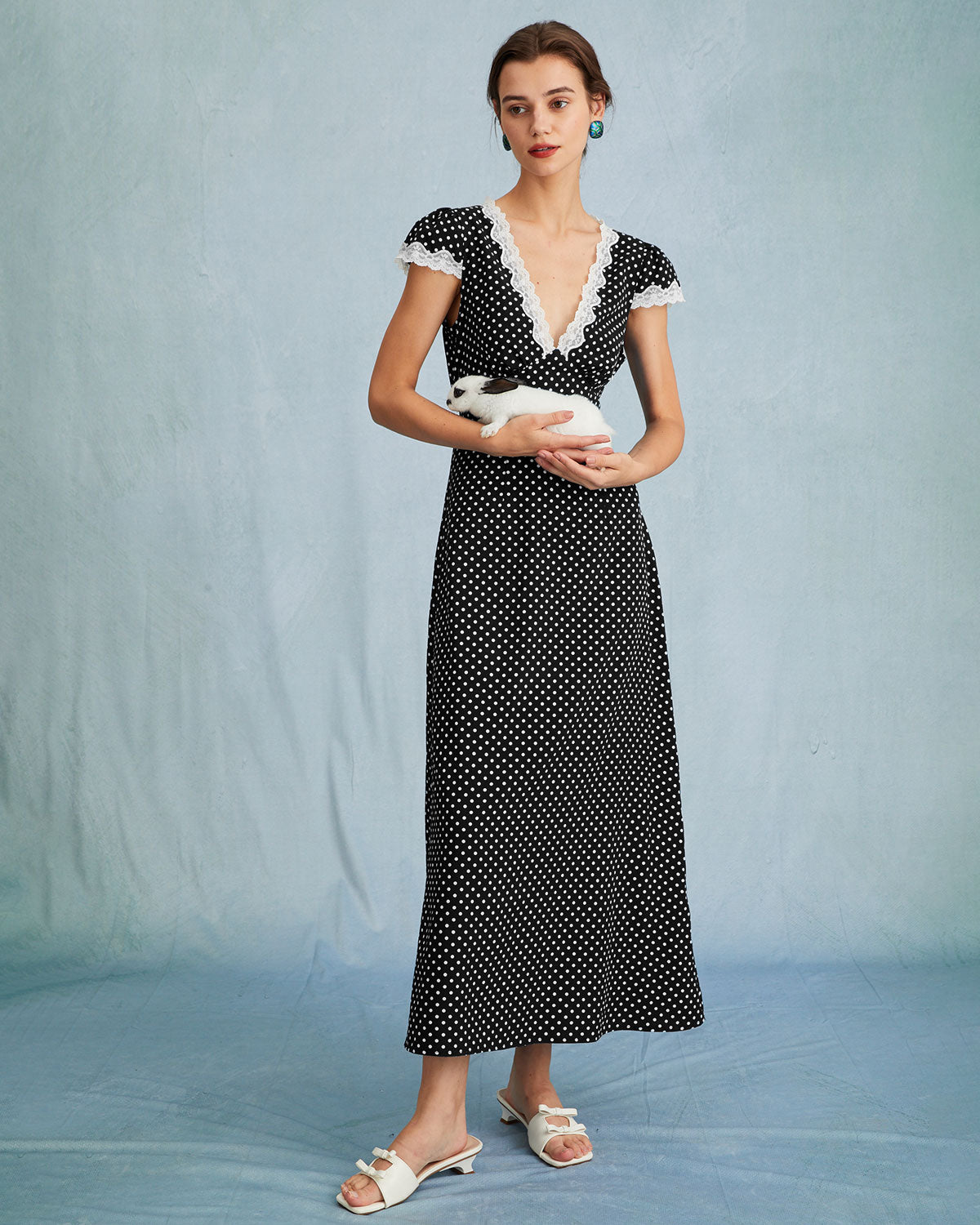 The Clarice V Neck Polka Dot Lace Ruched Maxi Dress