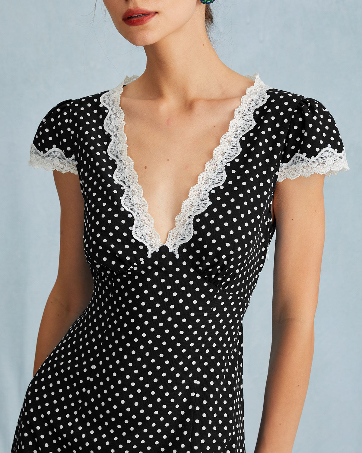 The Clarice V Neck Polka Dot Lace Ruched Maxi Dress