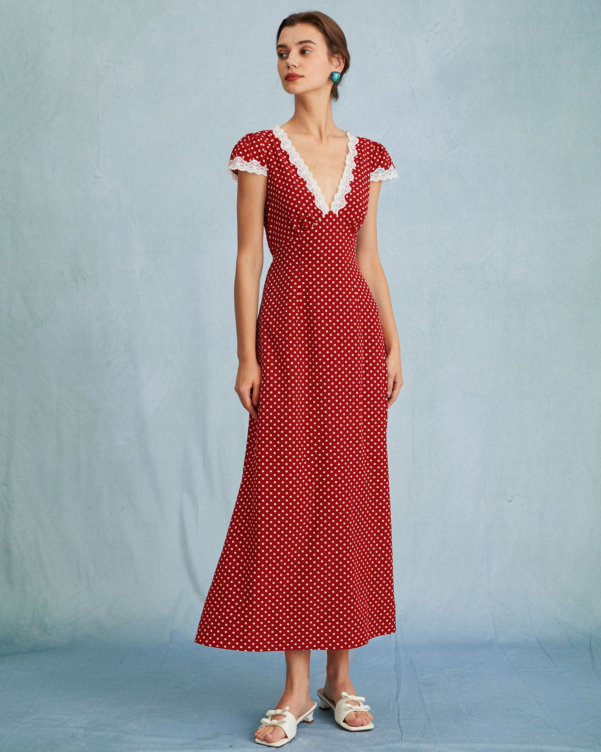 The Clarice V Neck Polka Dot Lace Ruched Maxi Dress