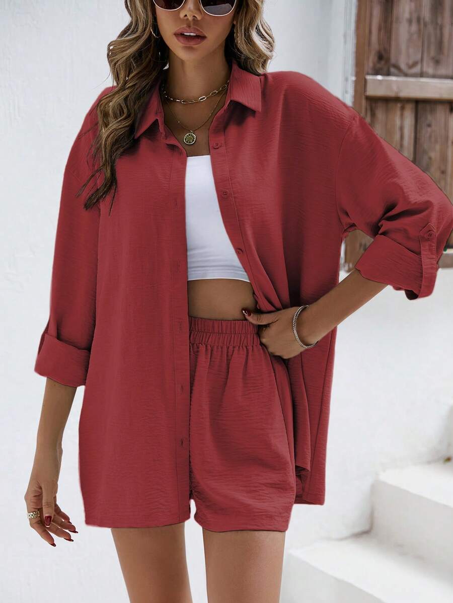 Linen Drop Shoulder Shirt and Shorts Set (Buy 2 Free Shipping)