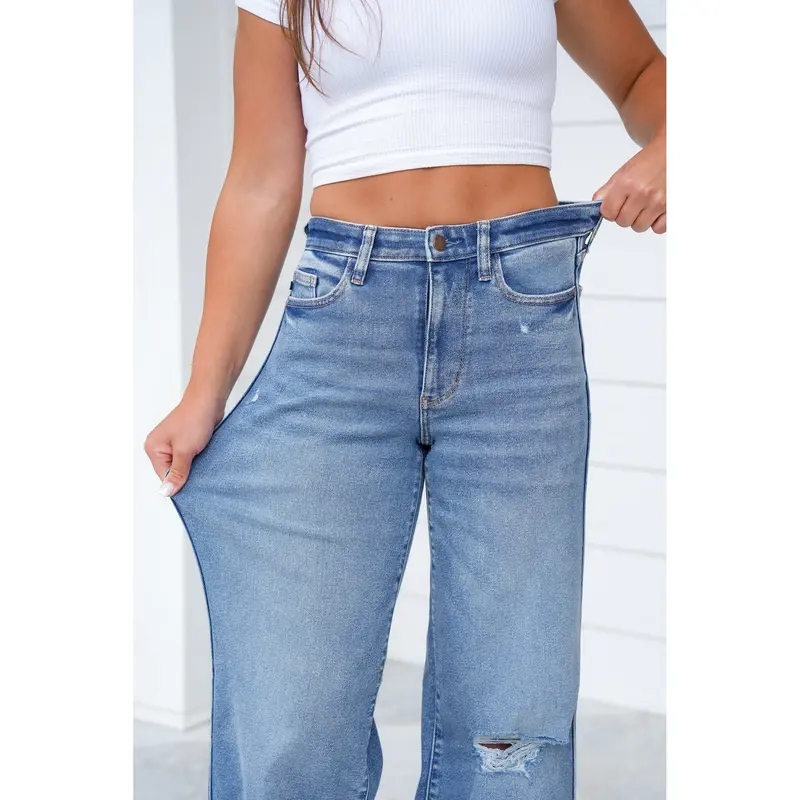 High Rise Medium Vintage Wash Distressed Wide Leg Jeans(Buy 2 Free Shipping)