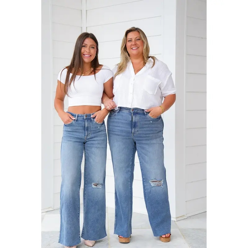 High Rise Medium Vintage Wash Distressed Wide Leg Jeans(Buy 2 Free Shipping)