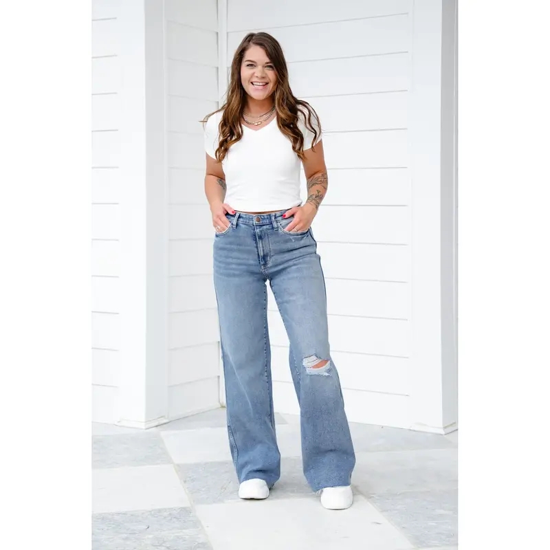 High Rise Medium Vintage Wash Distressed Wide Leg Jeans(Buy 2 Free Shipping)