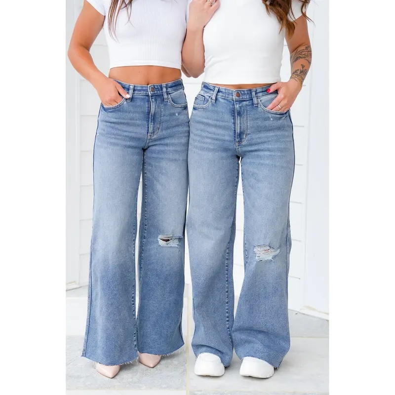 High Rise Medium Vintage Wash Distressed Wide Leg Jeans(Buy 2 Free Shipping)