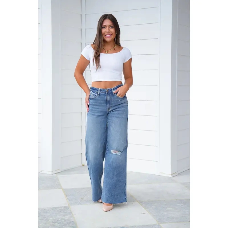 High Rise Medium Vintage Wash Distressed Wide Leg Jeans(Buy 2 Free Shipping)