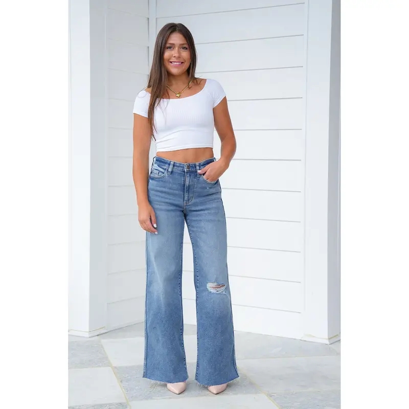 High Rise Medium Vintage Wash Distressed Wide Leg Jeans(Buy 2 Free Shipping)