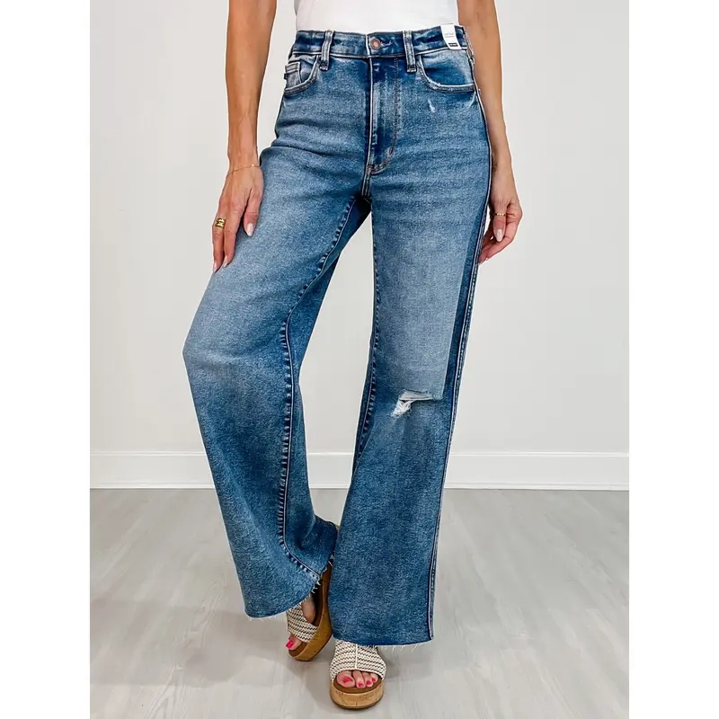 High Rise Medium Vintage Wash Distressed Wide Leg Jeans(Buy 2 Free Shipping)