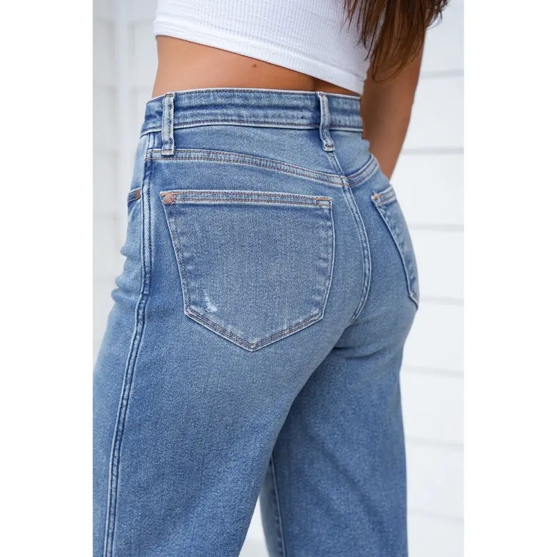 High Rise Medium Vintage Wash Distressed Wide Leg Jeans(Buy 2 Free Shipping)