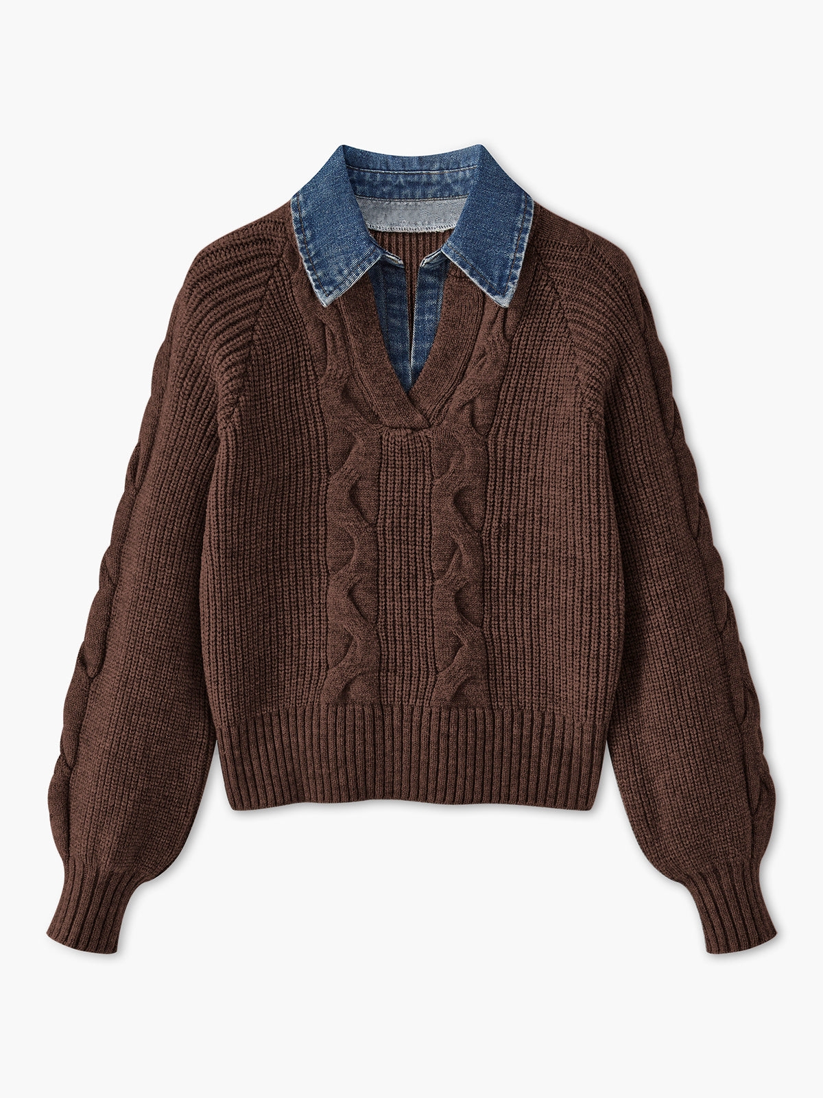 Denim Panel Ribbed Lapel Sweater (Buy 2 Free Shipping)