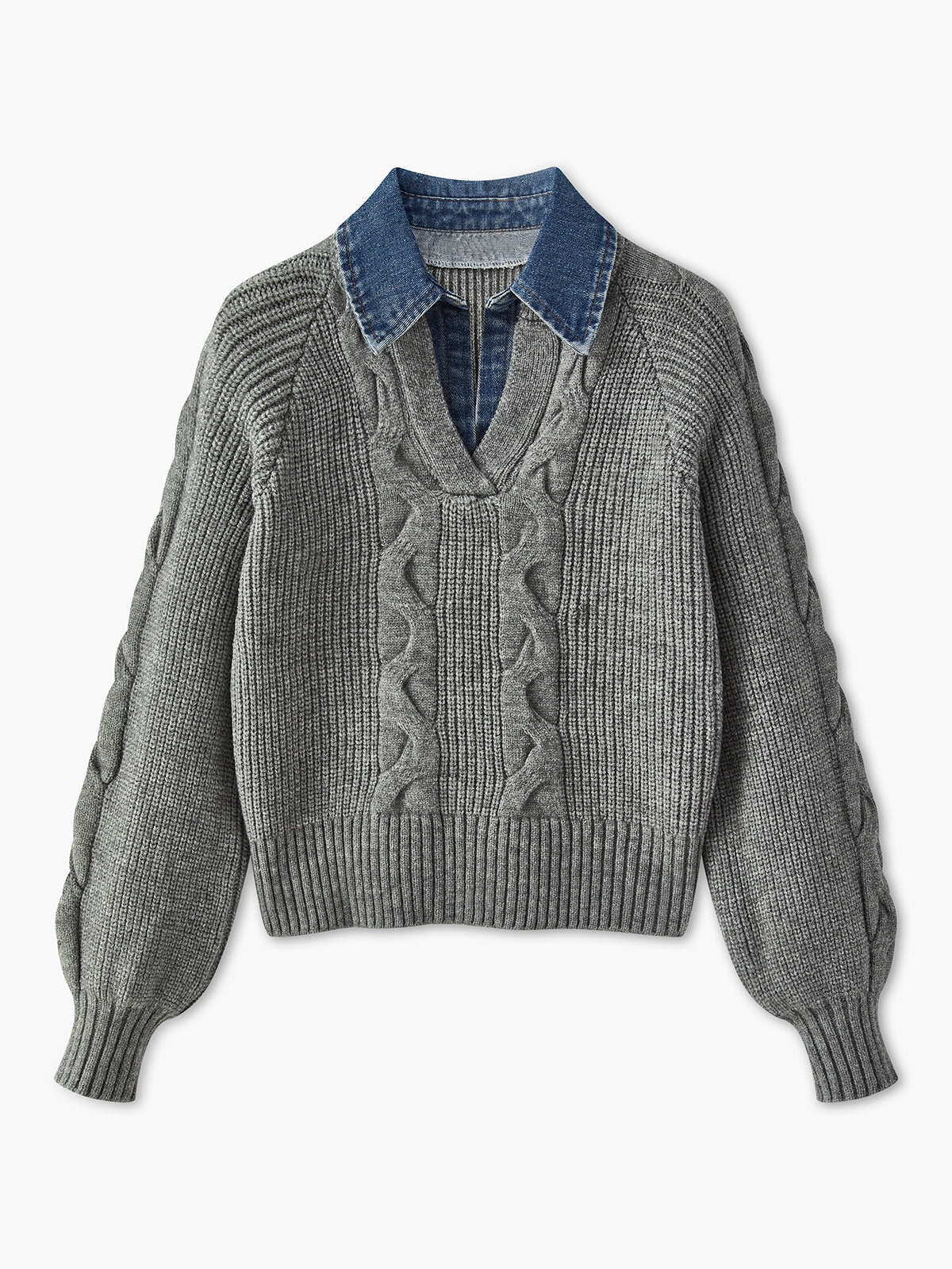 Denim Panel Ribbed Lapel Sweater (Buy 2 Free Shipping)