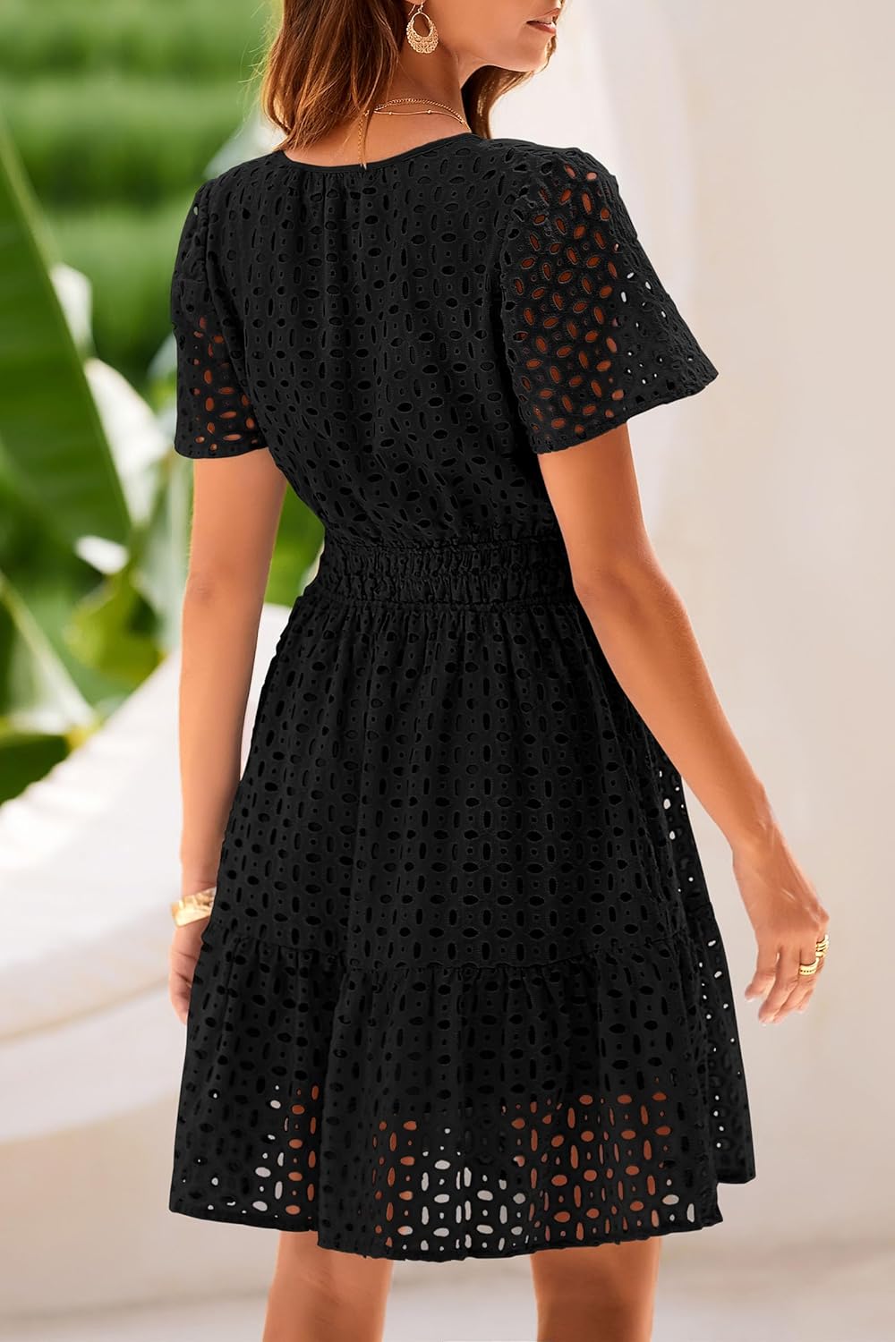 PRETTYGARDEN 2025 Women Summer Short Dress V Neck Short Sleeve A Line Hollow Out Lace Ruffle Cute Casual Beach Party Dresses