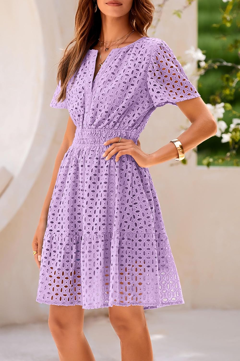 PRETTYGARDEN 2025 Women Summer Short Dress V Neck Short Sleeve A Line Hollow Out Lace Ruffle Cute Casual Beach Party Dresses