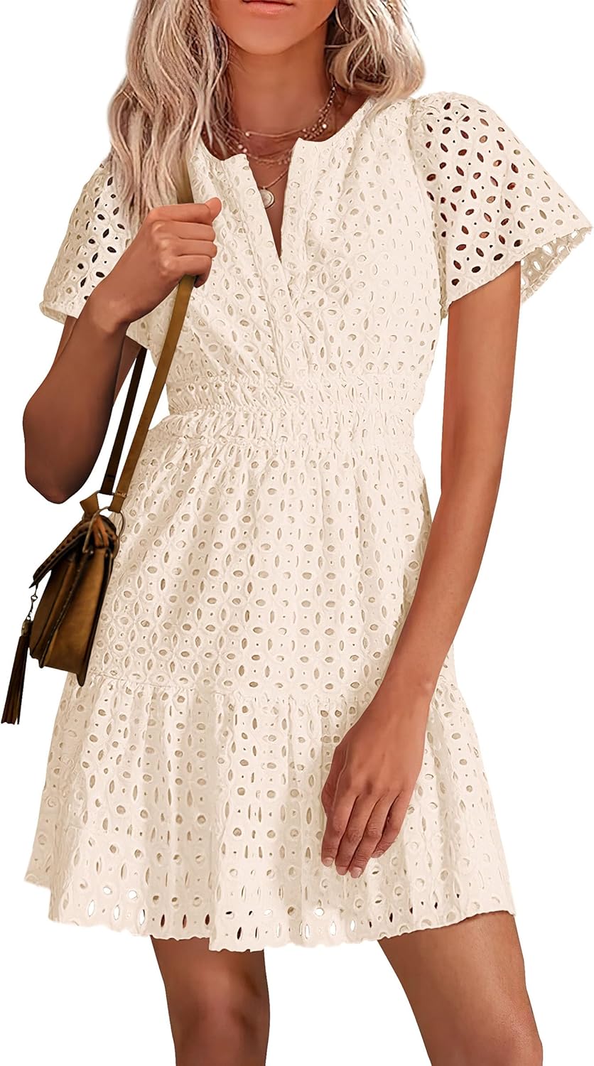 PRETTYGARDEN 2025 Women Summer Short Dress V Neck Short Sleeve A Line Hollow Out Lace Ruffle Cute Casual Beach Party Dresses