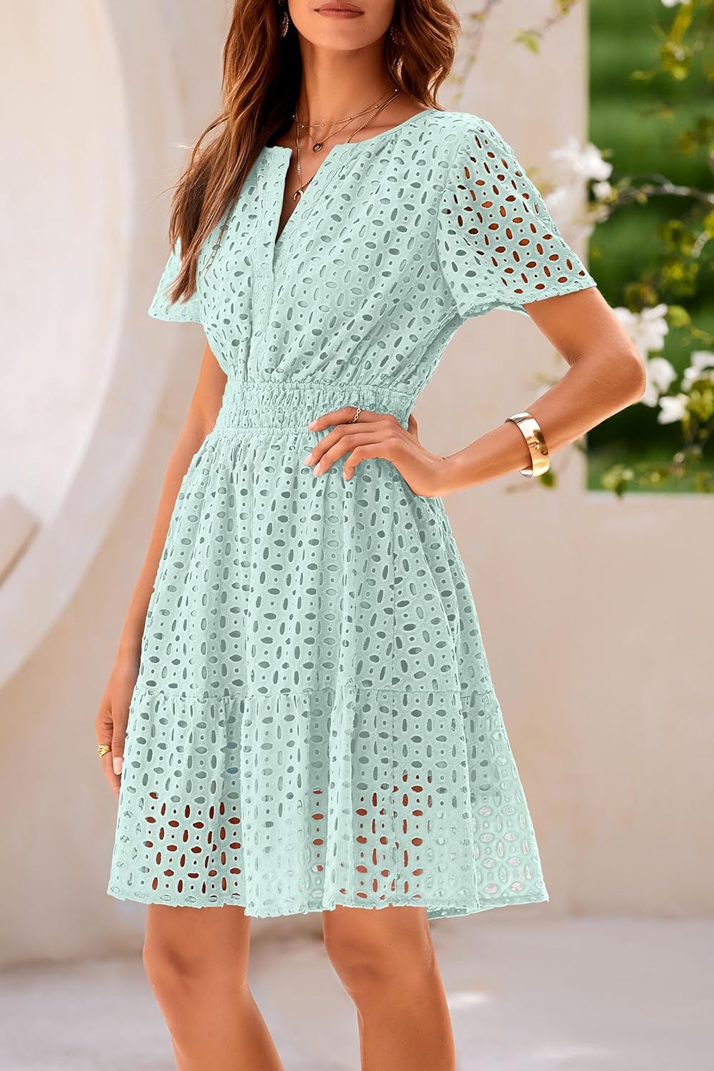 PRETTYGARDEN 2025 Women Summer Short Dress V Neck Short Sleeve A Line Hollow Out Lace Ruffle Cute Casual Beach Party Dresses