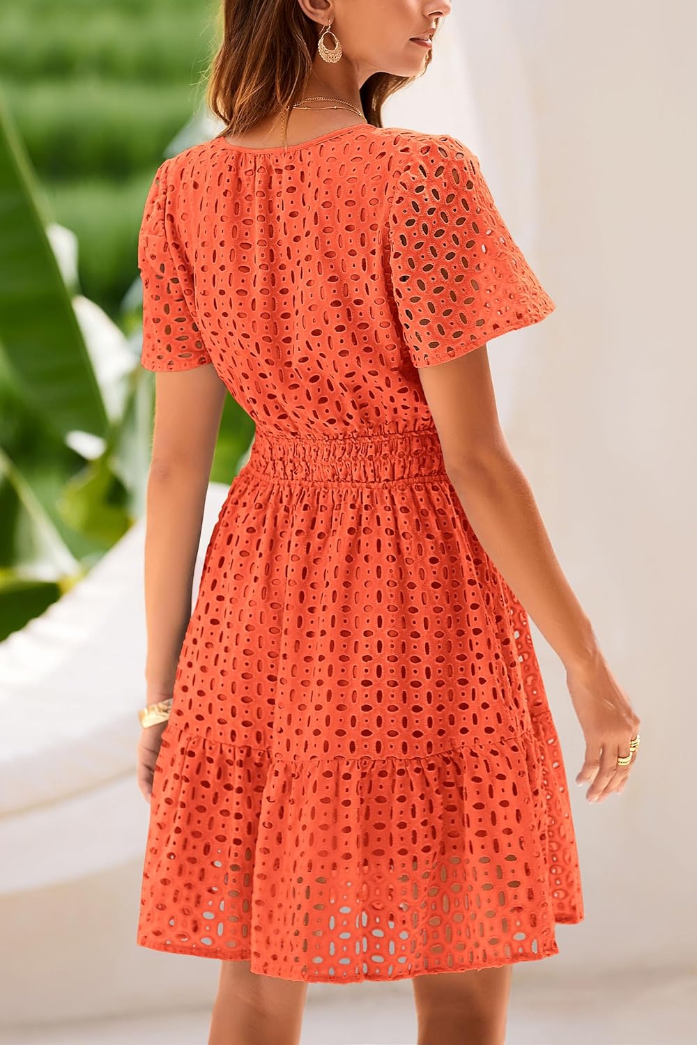 PRETTYGARDEN 2025 Women Summer Short Dress V Neck Short Sleeve A Line Hollow Out Lace Ruffle Cute Casual Beach Party Dresses