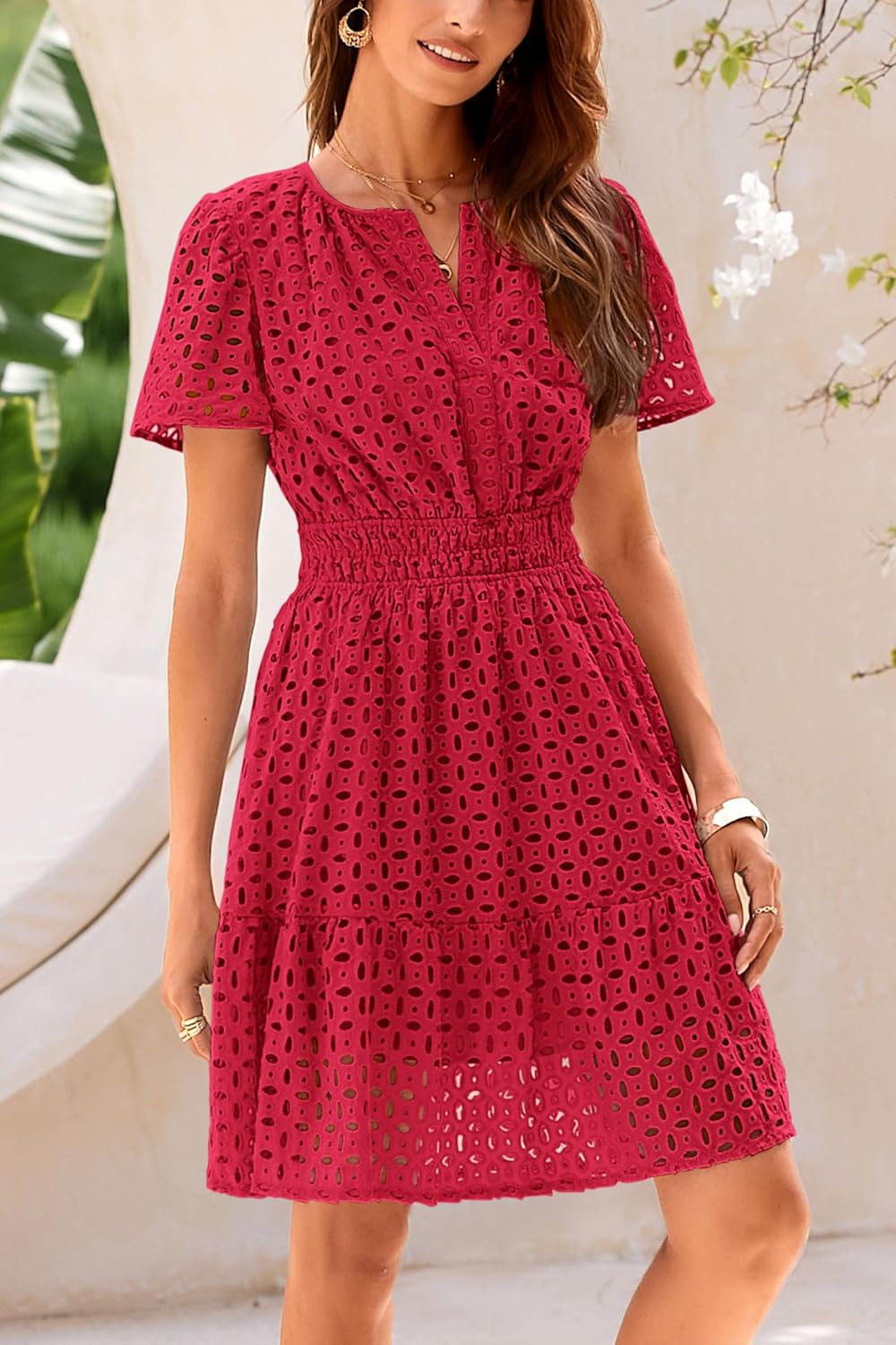 PRETTYGARDEN 2025 Women Summer Short Dress V Neck Short Sleeve A Line Hollow Out Lace Ruffle Cute Casual Beach Party Dresses