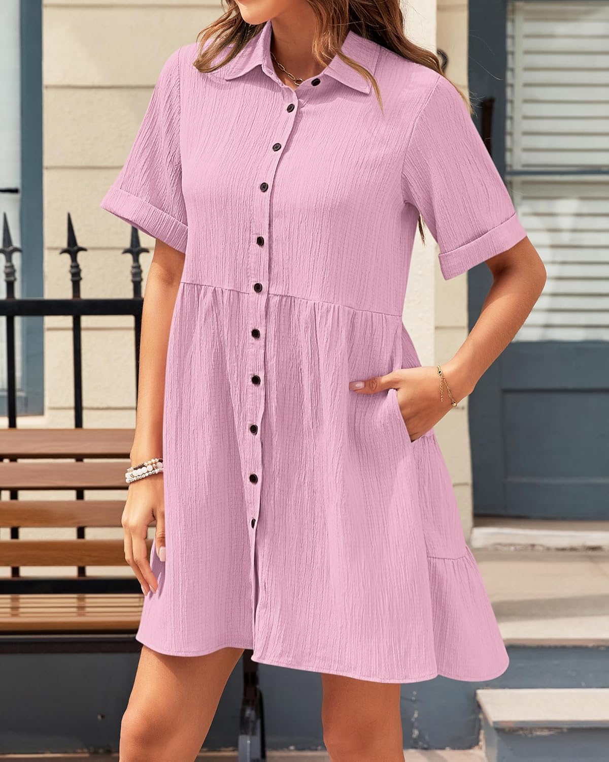 PYGFEMR Women's Summer Dress 2025 Short Sleeve Babydoll Tiered Button Down T Shirts Dresses with Pockets