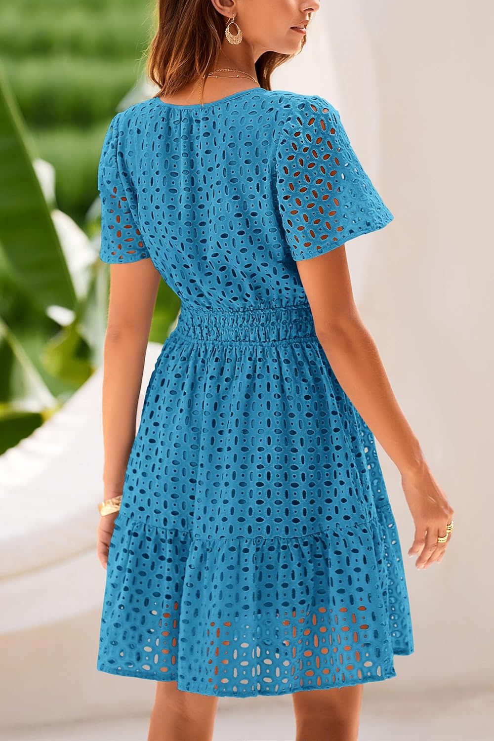 PRETTYGARDEN 2025 Women Summer Short Dress V Neck Short Sleeve A Line Hollow Out Lace Ruffle Cute Casual Beach Party Dresses